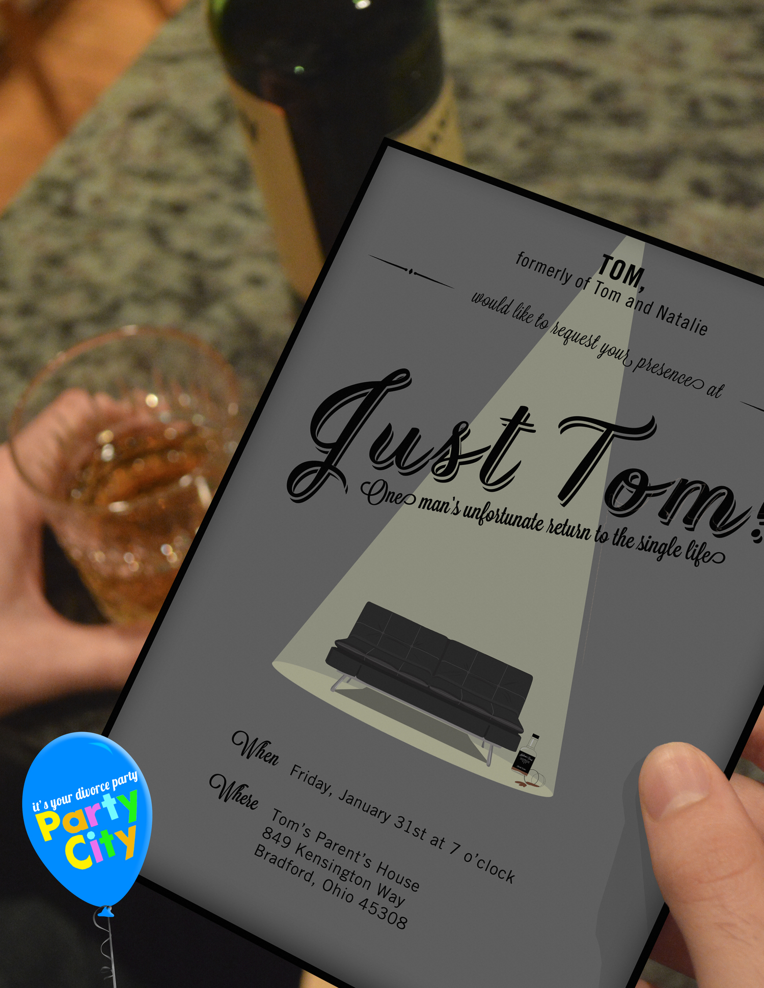 Just Tom — divorce party invitation